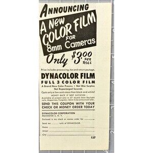 Dynacolor Corp "A New Full 3 Color Film for 8mm Cameras" Vintage Print Ad 1949